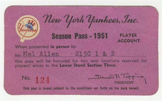 Mel Allens 1951 New York Yankees Season Pass